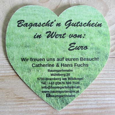 Werbeagentur K-Design: Grafikdesign Gutschein Herzbierdeckel Baumgartenalm